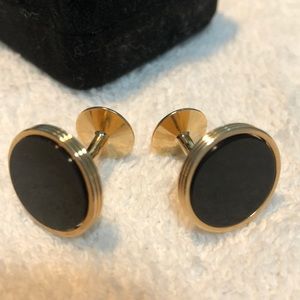 Round Gold-Tone Black Onyx Cuff Links